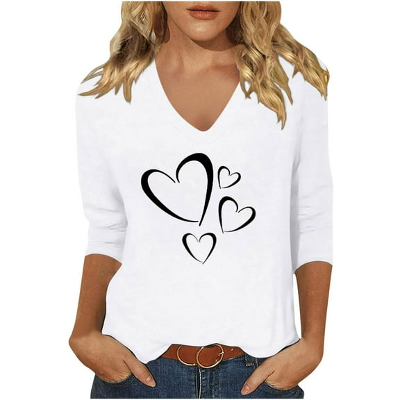 Plus Size Tops for Womens Heart Graphic 3/4 Sleeve Tshirts Valentine's Day Casual V Neck Tee Shirts