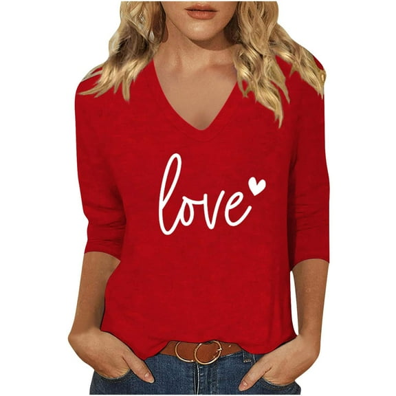 Plus Size Tops for Womens Heart Graphic 3/4 Sleeve Tshirts Valentine's Day Casual V Neck Tee Shirts