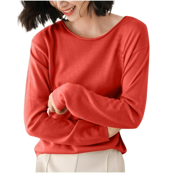 Plus Size Tops for Womens Tops Fashion Solid Color Knitwear Long Sleeved Blouses Round-Neck Fashionable Casual