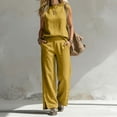 thumbnail image 1 of Plus Size Track Suits for Women Set Linen 2 Piece Casual Set Women Sleeveless Round Neck Tunic Button High Waist Pants, Loose Fitting Daily Travel Outfits Yellow XXL, 1 of 7