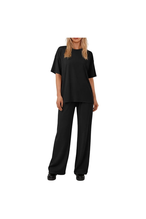 Plus Size Track Suits for Women Set Loungewear Casual Set for Women Classic Short Sleeve Crew Neck T-Shirt with Straight Leg Sweatpants Soft Tracksuit Black M