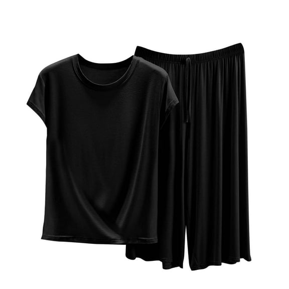 Plus Size Travel Outfits for Women s Capris Sets 2 Piece Outfits Summer Casual Loose Fitting Short Sleeve Tops and Wide Leg Capris Pants Pajama Sets Black XL