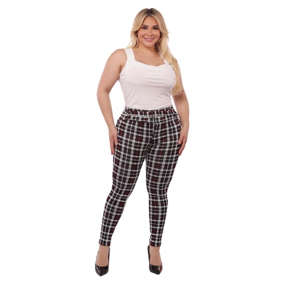 Plus Size Treggings With Self Belt - Red Black Plaid