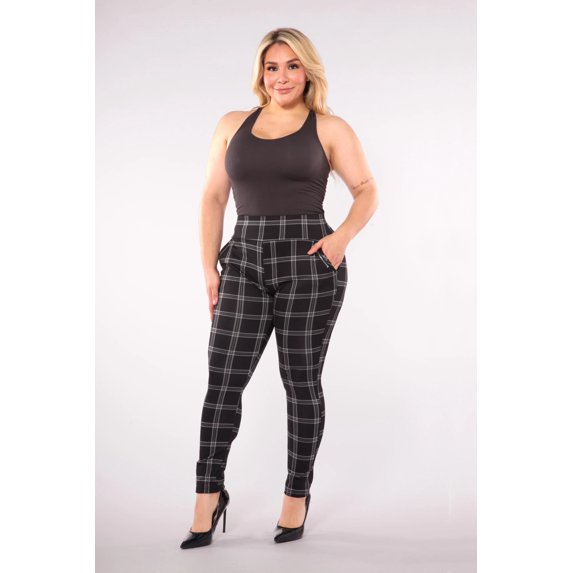 Plus Size Treggings With Zipper Pocket Trim - Black Gray Plaid
