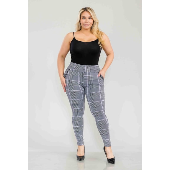 Plus Size Treggings With Zipper Pocket Trim - Black, White, Mauve Plaid