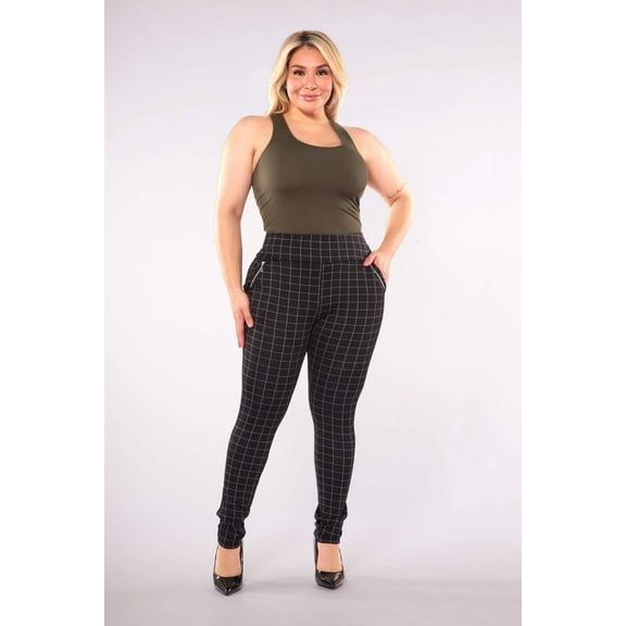 Plus Size Treggings With Zipper Pocket Trim - Black  White Plaid