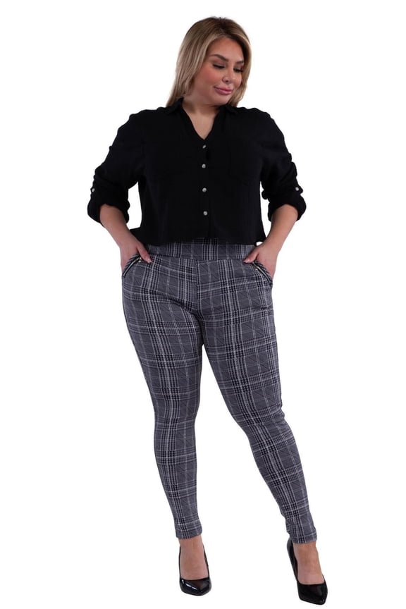 Plus Size Treggings With Zipper Pocket Trim - Black White Plaid