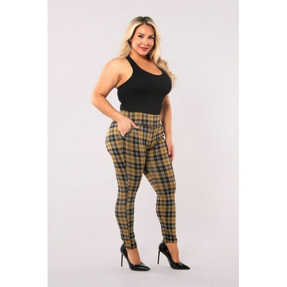 Plus Size Treggings With Zipper Pocket Trim - Yellow, Black, White Plaid