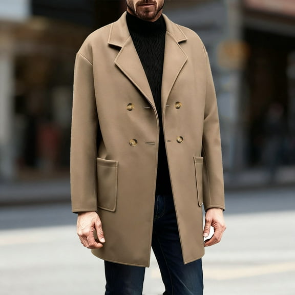 Plus Size Trench Coat for Men Notched Collar Double Breasted Jacket Fall Winter Fashion Outerwear with Pocket New Men Jacket Lightweight Khaki XL