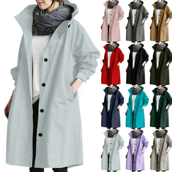 Plus Size Trench Coats for Women with Hood Waterproof Fall Winter Long Rain Jacket Casual Oversized Windbreaker Outwear Cyan 5XL