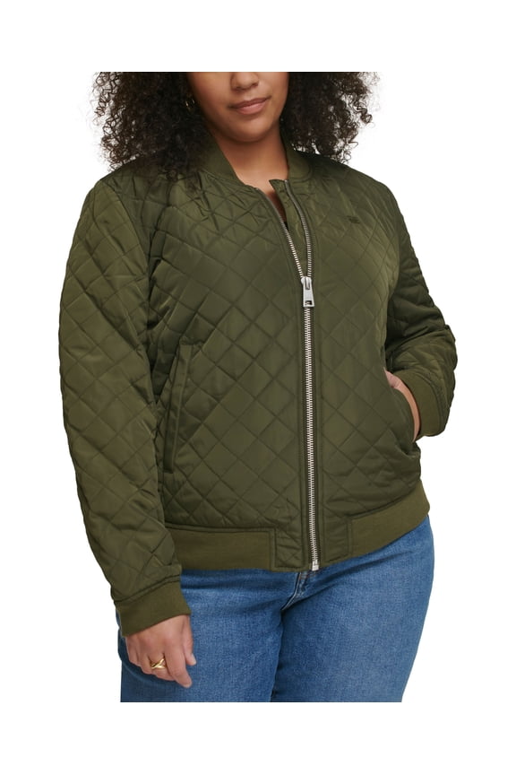 Plus Size Trendy Diamond Quilted Bomber Jacket Army Green 2X