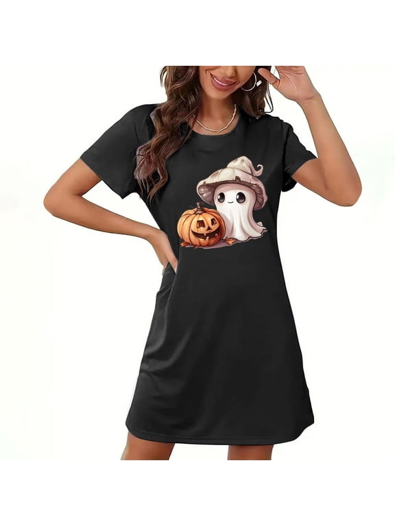 Plus Size Halloween Sleepshirt for Women Graphic Print Crew Neck Short Sleeve Relaxed Fit Short Halloween Sleepshirt Cozy Bedtime Loungewear Sleepover Slumber Party Weekend