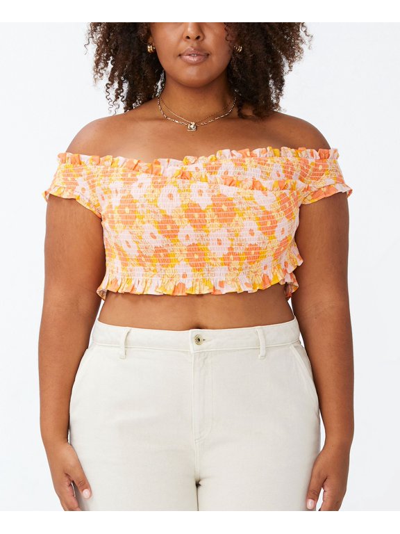 Plus Size Trendy Sierra Short Sleeve Shirred Cross Over Top Freda Floral Mango Syrup 16W