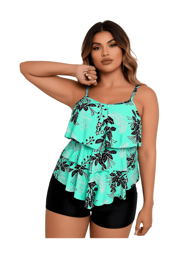 Plus Size Tropical Floral Flowy Ruffle Tankini Top