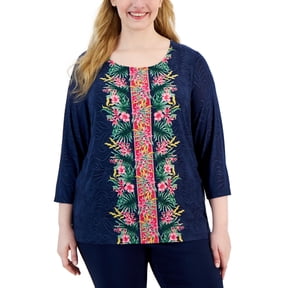 Plus Size Tropical Runway Jacquard Top Intrepid Blue Combo 2X
