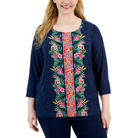 Plus Size Tropical Runway Jacquard Top Intrepid Blue Combo 3X