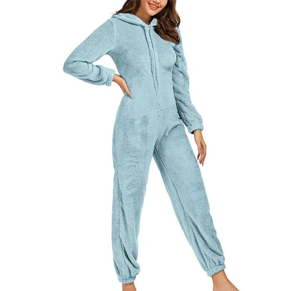 Plus Size Trousers Womens Plush Hooded Jumpsuit Fuzzy Pajamas Long Sleeve Cute Onesie Zip Jumpsuit Winter Warm Rompers Sleepwear Womens Quick Dry Pants S-86 Light Blue XXL