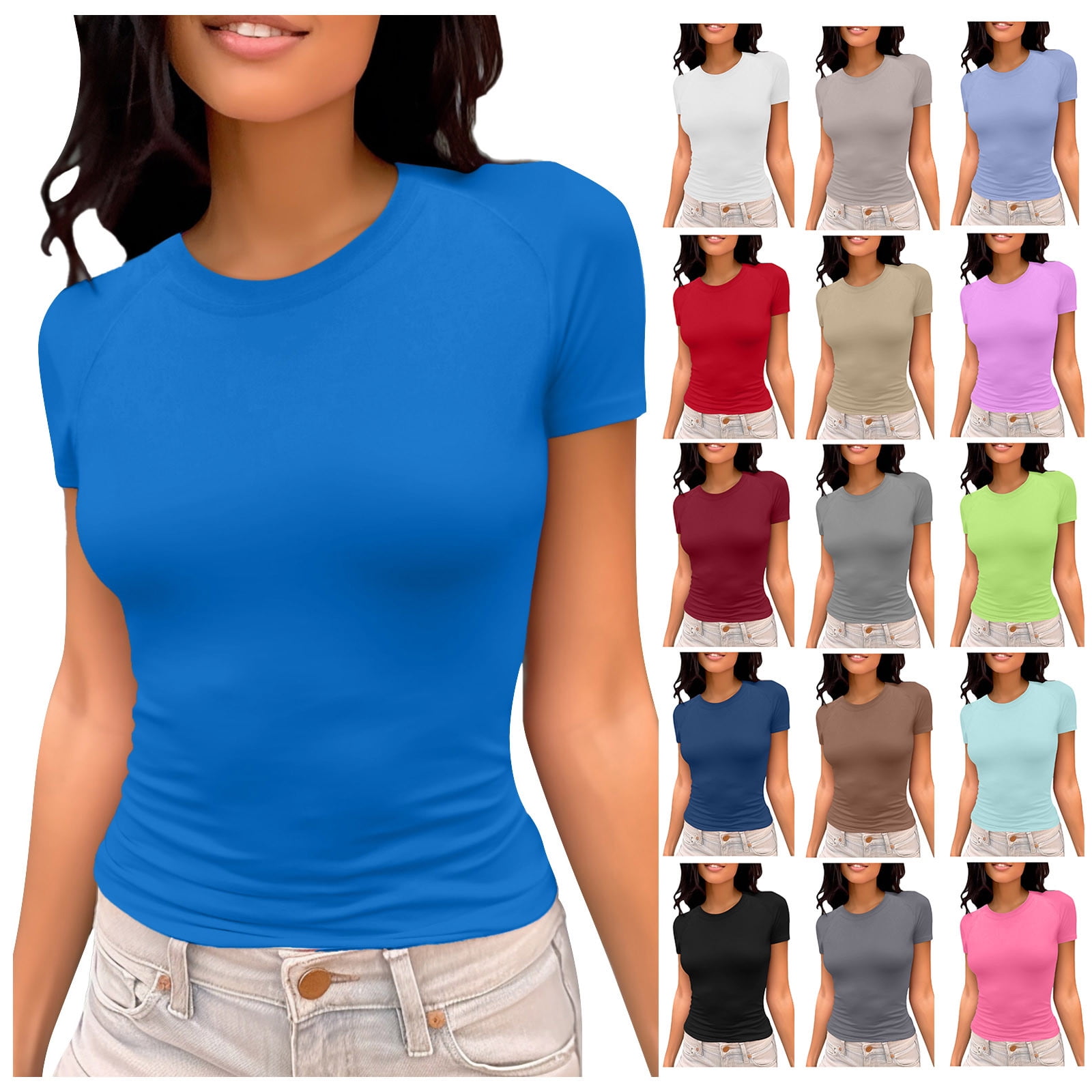 Plus Size Tshirts Women Ladies Y2K Slim Trendy Slim Short Sleeve Basic ...