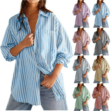 Plus Size Tshirts for Women Sawvnm Striped Button Down Shirts For Women Dress Shirts Long Sleeve Casual Collared Office Work Shirt With Pocket Clearance Clothes under $10.00