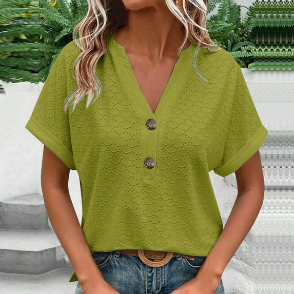 Plus Size Tshirts for Women Sawvnm Women's Fashion Casual Solid Color Button V-neck T-shirt Top Short Sleeved V-neck Top/shirt Army Green 5XL