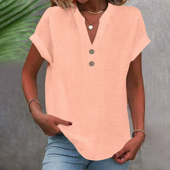 Plus Size Tshirts for Women Sawvnm Women's Fashion Solid Button Shirt Female V-Neck Loose T-shirt Blouse Pink 5XL