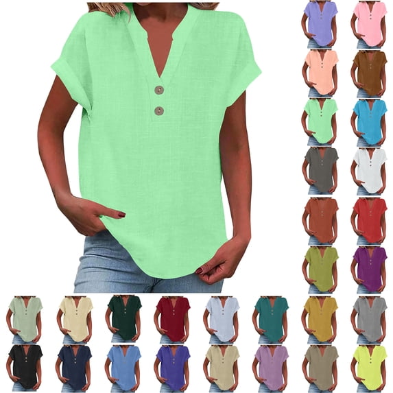 Plus Size Tshirts for Women Sawvnm Women's Fashion Solid Button Shirt Female V-Neck Loose T-shirt Blouse Green 4XL