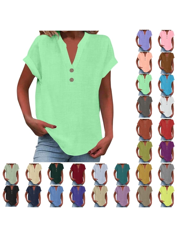 Plus Size Tshirts for Women Sawvnm Women's Fashion Solid Button Shirt Female V-Neck Loose T-shirt Blouse