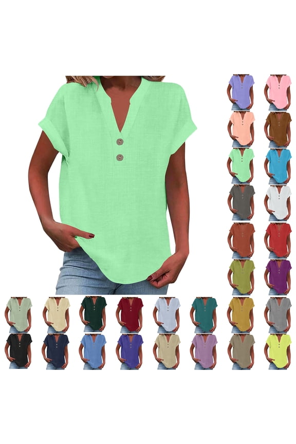 Plus Size Tshirts for Women Sawvnm Women's Fashion Solid Button Shirt Female V-Neck Loose T-shirt Blouse