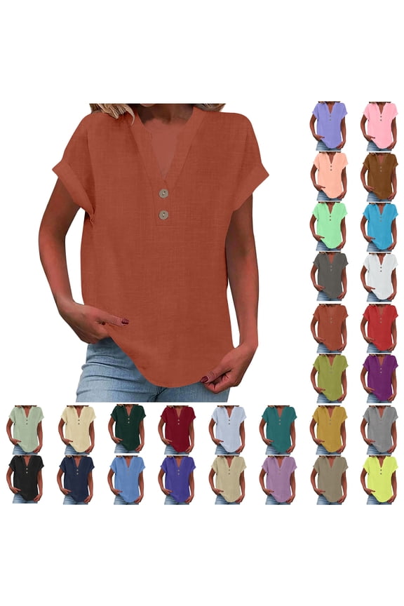 Plus Size Tshirts for Women Sawvnm Women's Fashion Solid Button Shirt Female V-Neck Loose T-shirt Blouse Brown 3XL
