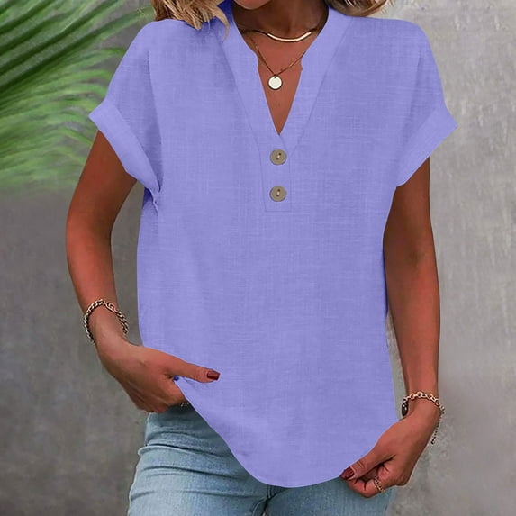 Plus Size Tshirts for Women Sawvnm Women's Fashion Solid Button Shirt Female V-Neck Loose T-shirt Blouse Purple 5XL