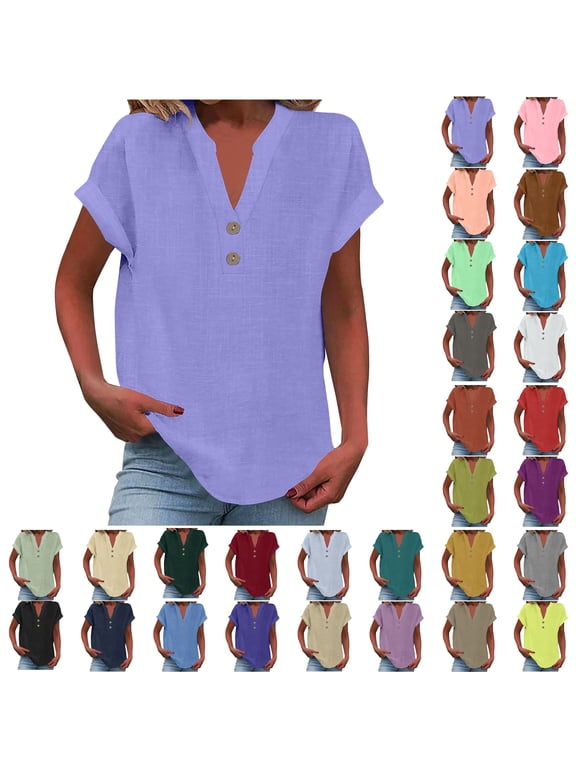 Plus Size Tshirts for Women Sawvnm Women's Fashion Solid Button Shirt Female V-Neck Loose T-shirt Blouse Purple L