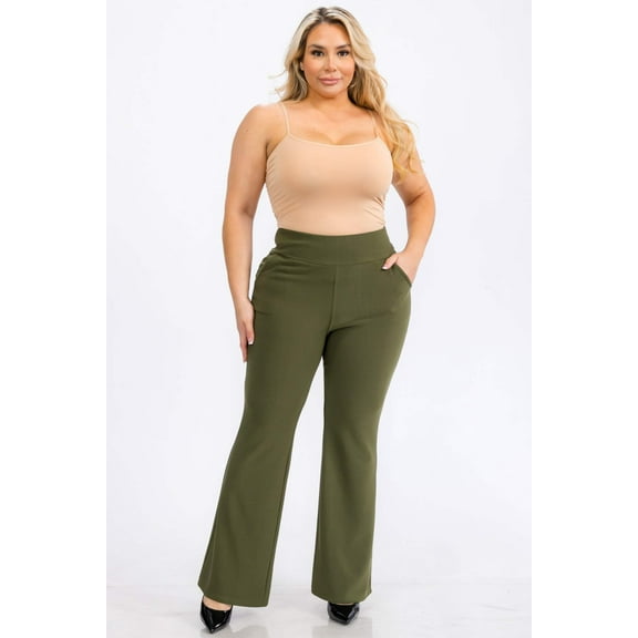 Plus Size Tummy Control Butt Sculpting Flare Pants with Pockets - Rifle Green