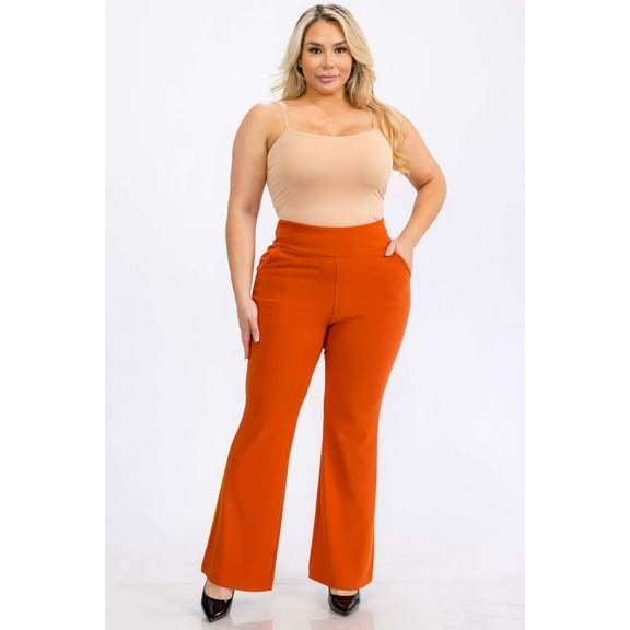 Plus Size Tummy Control Butt Sculpting Flare Pants with Pockets - Rooibos Tea