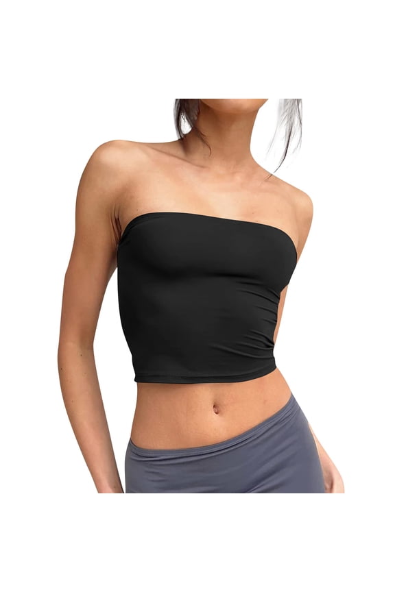 Plus Size Tummy Control Camisoles, Machine-Washable Seamless Compression Tanks Minimalist Boho Summer Camisole Collection 10-Color Retro Tube Tops For Festivals Strapless Black