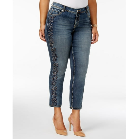 Plus Size Tummy Control Embroidered Skinny Jeans Indigo 24W