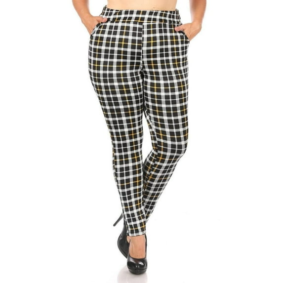 Plus Size Tummy Control Sculpting Treggings - Black, Mustard Plaid