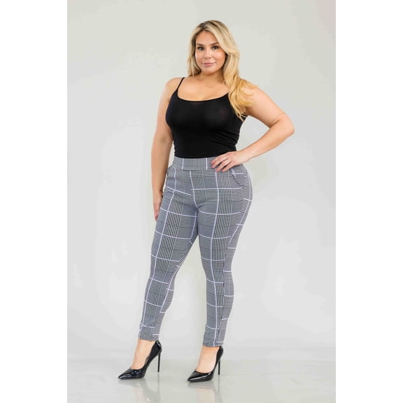 Plus Size Tummy Control Sculpting Treggings - Black, White, Mauve Plaid