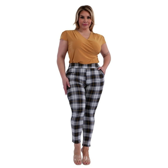 Plus Size Tummy Control Sculpting Treggings - Black, White, Mustard Plaid
