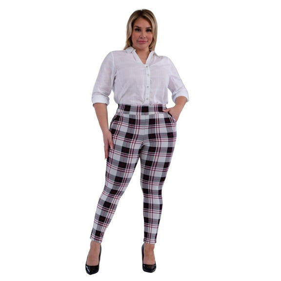 Plus Size Tummy Control Sculpting Treggings - Black, White, Red Plaid