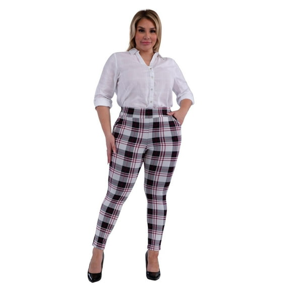 Plus Size Tummy Control Sculpting Treggings - Black, White, Red Plaid