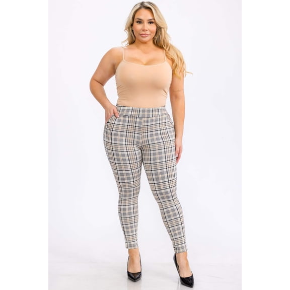 Plus Size Tummy Control Sculpting Treggings - Brown, Black, White Plaid