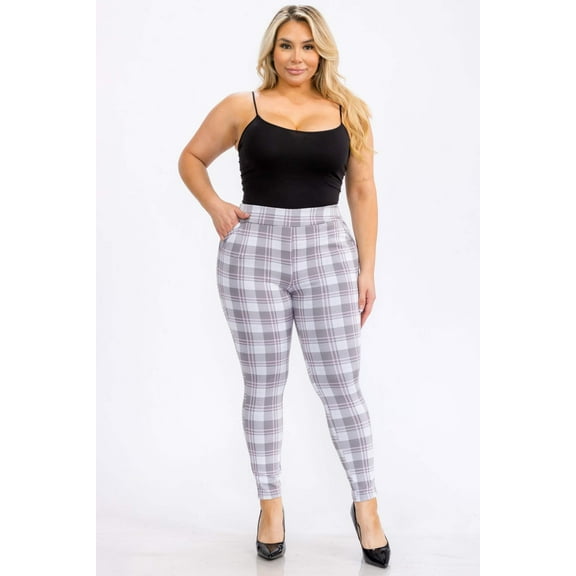 Plus Size Tummy Control Sculpting Treggings - Gray, Pink, White Plaid