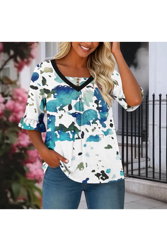 Plus Size Tunic Top Women Short Sleeve V Neck Ruffle Blouse Watercolor Camo Shirt Soft Casual Tops Sky Blue XL-5XL,Size 5XL