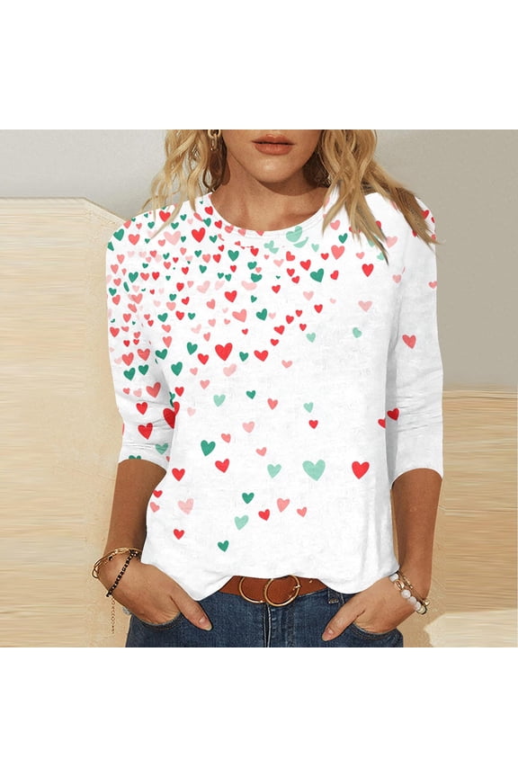 Plus Size Tunic Tops Long Sleeve Casual Floral Printed Valentine's Day V Neck Shirts for Women White M