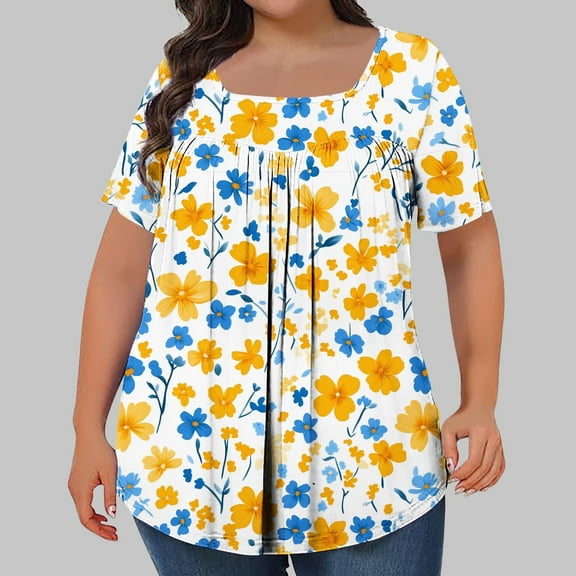 Plus Size Tunic Tops for Women,Elegant Square Neck Floral Ruffle Pleated Blouse,Loose Fit Short Sleeve Bodycon Flowy Summer Lounge Tops ,L-5XL