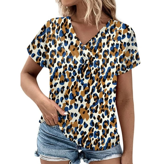Plus Size Tunic Tops Women's Summer V Neck Shirts Animal Print Loose Fit Tees YH001 XL