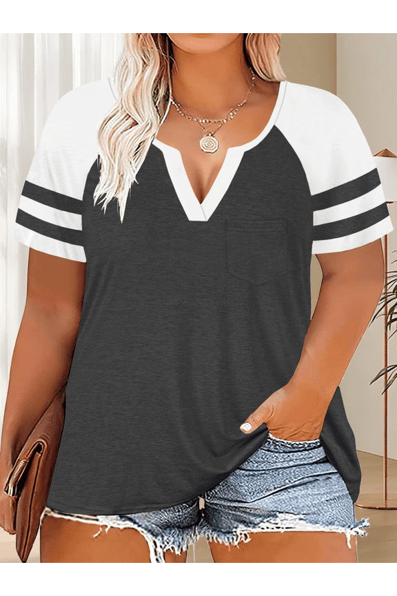 Summer Plus Size Tops for Women Baseball Shirts Striped Tunics Woman Jersey T-shirts Dark Gray