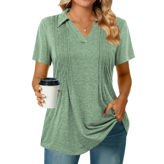 Plus Size Tunic Tops for Women 3X Summer Collared Blouses Casual V Neck Short Sleeve T Shirts Green