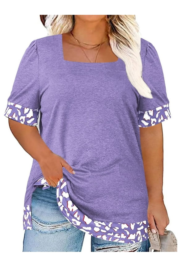 Plus Size Tunic Tops for Women Loose Fit Dressy Short Sleeve Shirts Cute Color Block Print Tees Purple XL