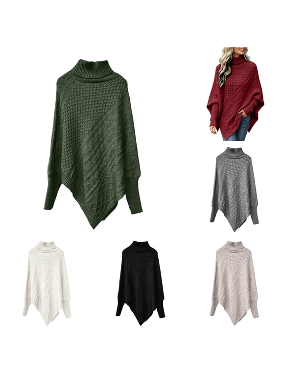 Plus Size Turtleneck Poncho Sweater Loose Knit Asymmetric Pullover Cape for Fall Winter
